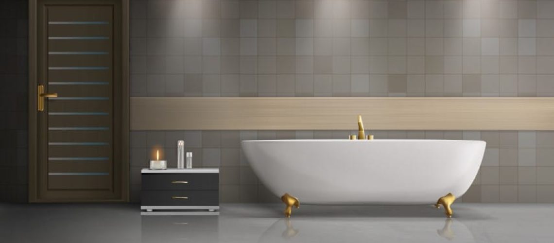 Modern bathroom interior design realistic vector mockup with white, ceramic freestanding bathtub with golden metal or brass faucet and feet, marble floor, tiles on wall and burning candle on drawer